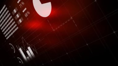 Finansal büyüme grafikleri ve istatistiklerle birlikte iş veri işleme animasyonunun siyah arka planda kırmızı parıltıyla hareket etmesi. 