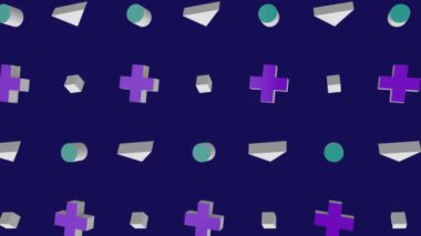 3d gri, mor, yeşil ve beyaz geometrik elementlerin, koyu mor arkaplanda aynı anda dönerek ve dönerek birden fazla satırın animasyonu. Düzen içinde hareket eden elementler. 3d dijital tasarım kompozit video canlandırması.