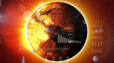 Turuncu arka planda parlayan dünya ile hareket eden finansal büyüme grafikleri ve istatistikleri ile iş veri işleme animasyonu.