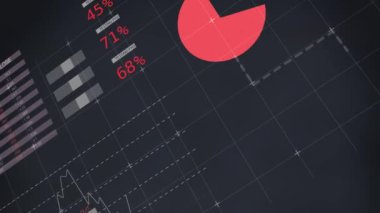 Koyu gri arka planda hareket eden finansal büyüme grafikleri ve istatistiklerle iş veri işleme animasyonu.