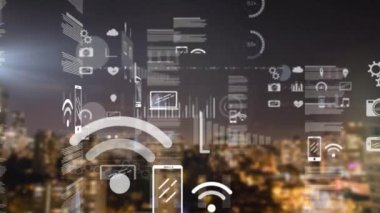 Finansal büyüme grafikleri ve istatistikleri ile iş veri işleme animasyonu arka planda odak şehir manzarası dışında hareket ediyor.