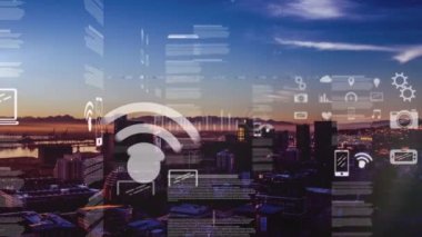 Finansal büyüme grafikleri ve arka planda şehir manzarası ile hareket eden istatistiklerin iş veri işleme animasyonu.