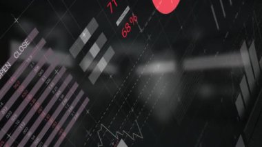 Animation of business data processing with financial growth charts and statistics moving on dark grey out of focus background.