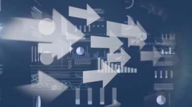 Beyaz oklar, finansal büyüme grafikleri ve mavi arka planda hareket eden istatistiklerin iş veri işleme animasyonu.