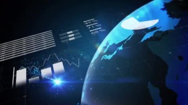 Finansal büyüme grafikleri ve arka planda parlayan mavi dönen küreyle hareket eden istatistiklerin iş veri işleme animasyonu.