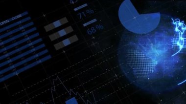 Finansal büyüme grafikleri ve arka planda parlayan mavi küreyle hareket eden istatistiklerin iş veri işleme animasyonu. 