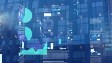 Finansal büyüme grafikleri ve istatistiklerle birlikte mavi arka planda ofis binası ile birlikte iş veri işleme animasyonu. Küresel finans sektörü büyüme kavramı.
