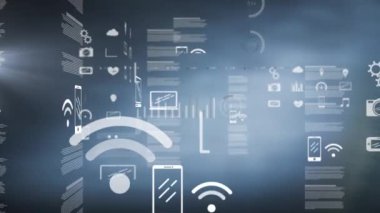 Finansal büyüme grafikleri ve istatistikleri ile iş veri işleme animasyonu, kablosuz ağ alıcısı ve arka planda bulutlarla hareket eden dizüstü bilgisayar dijital simgeleri.