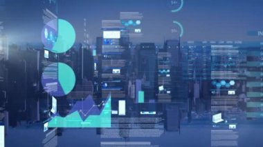 Finansal büyüme grafikleri ve arka planda şehir manzarası ile hareket eden istatistiklerle birlikte iş veri işleme animasyonu. Küresel finans sektörü büyüme kavramı.