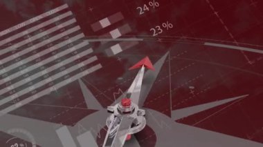 Finansal büyüme grafikleri ve istatistiklerle birlikte iş veri işleme animasyonu. Kırmızı arka planda Kuzey 'i gösteren pusula ile hareket ediyor. Küresel finans sektörü büyüme kavramı.