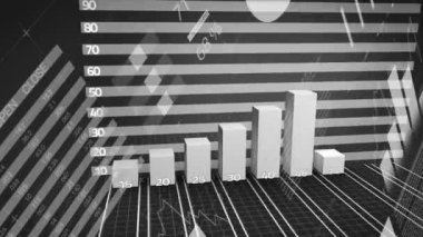 Finansal büyüme grafikleri, kırmızı ok ve arka planda dünya haritasıyla hareket eden istatistiklerin iş veri işleme animasyonu. 