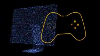 Siyah arkaplanda titreyen bilgisayar monitörü ile titreşen ve titreyen hareket eden oyun tuşları ile hareket eden bir video oyun denetleyicisinin turuncu ana hatlarının canlandırması