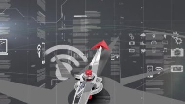 Gri arka planda Kuzey 'i gösteren pusula ile hareket eden finansal büyüme grafikleri ve istatistikleri ile iş veri işleme animasyonu.