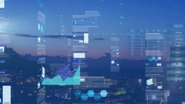 Finansal büyüme grafikleri ve istatistikleriyle birlikte şehir manzarası ve ofis binalarıyla mavi arka planda iş veri işleme animasyonu.