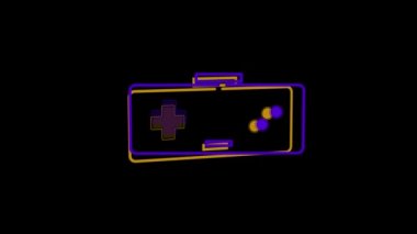 Siyah arkaplanda titreşen ve zonklayan oyun tuşlarıyla hareket eden bir video oyun kontrolörünün mor ve turuncu çizgisi canlandırması