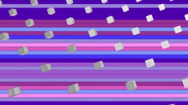 Çizgili mavi, pembe ve mor arka planda dönen ve aynı anda dönen üç boyutlu gümüş metalik küplerin birden fazla satırının animasyonu. Düzen içinde hareket eden elementler. 3d dijital tasarım kompozit video canlandırması.