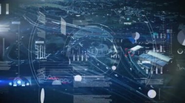 Finansal büyüme grafikleri ve istatistiklerle birlikte iş veri işleme animasyonu arka planda şehir manzarasının havadan görüntüsüyle hareket ediyor. 