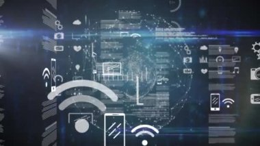 Finansal büyüme grafikleri ve arka planda dönen dünya ile hareket eden istatistiklerin iş veri işleme animasyonu.