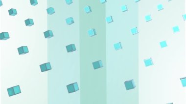 Çizgili yeşil ve beyaz arka planda dönen ve aynı anda dönen üç boyutlu yeşil metalik küplerin birden fazla satırının animasyonu. Düzen içinde hareket eden elementler. 3d dijital tasarım kompozit video canlandırması.