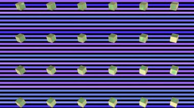 Çizgili mavi arka planda dönen ve aynı anda dönen üç boyutlu yeşil ve sarı metalik küplerin birden fazla satırının animasyonu. Düzen içinde hareket eden elementler. 3d dijital tasarım kompozit video canlandırması.