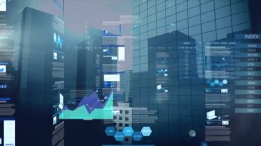 Finansal büyüme grafikleri ve arka planda şehir manzarası ile hareket eden istatistiklerin iş veri işleme animasyonu.