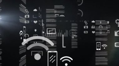 Finansal büyüme grafikleri ve istatistikleri, dizüstü bilgisayarı ve siyah arkaplan üzerinde hareket eden kablosuz yayın dijital simgelerinin iş veri işleme animasyonu.