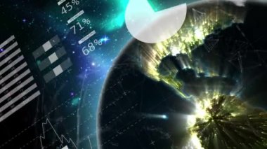 Finansal büyüme grafikleri ve arka planda dönen dünya ile hareket eden istatistiklerin iş veri işleme animasyonu.