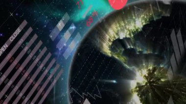 Finansal büyüme grafikleri ve arka planda dönen küreyle hareket eden istatistiklerin iş veri işleme animasyonu.