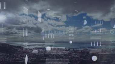 Finansal büyüme grafikleri ve arka planda şehir manzarası ile hareket eden istatistiklerin iş veri işleme animasyonu.