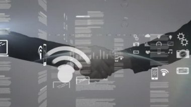 Ekonomik büyüme grafikleri ve istatistiklerle birlikte iş verilerinin canlandırılması ve arka planda iş adamlarının el sıkışması.