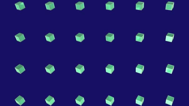 Animação Várias Linhas Cubos Metálicos Verdes Girando Girando Simultaneamente Fundo — Vídeo de Stock