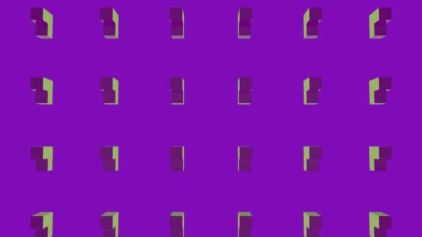 多行3D粉色 紫色和绿色几何元素在深紫色背景下同时旋转和旋转的动画 在编队中移动的元素 3D数字设计复合视频动画 — 图库视频影像