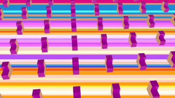 Animation Multiple Rows Orange Pink Geometric Elements Spinning Rotating Simultaneously — Stock Video