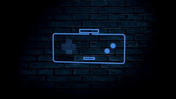 背景の青い赤い壁に再生ボタンが脈動し スレーキをかけるビデオゲームコントローラの青いネオン輝くアウトラインのアニメーション デジタル技術とエンターテイメントのコンセプト — ストック動画