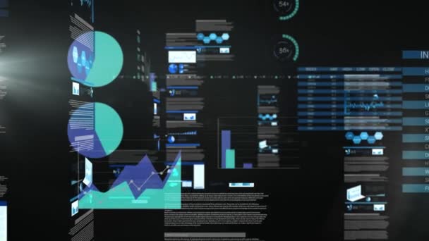 Animation du traitement des données commerciales avec des graphiques de croissance financière et des statistiques se déplaçant avec des immeubles de bureaux en arrière-plan .