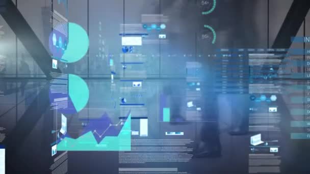 Animation du traitement des données d'entreprise avec des graphiques de croissance financière et des statistiques se déplaçant avec les gens marchant dans le bureau occupé en mouvement rapide en arrière-plan . 