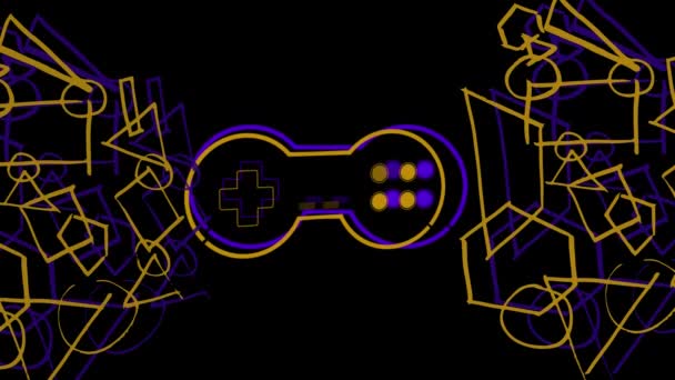 動きのあるビデオゲームコントローラの紫とオレンジのアウトラインのアニメーション再生ボタンを脈動させ 脈動させ 紫とオレンジの抽象的な幾何学的な形状のアウトライン黒の背景 — ストック動画