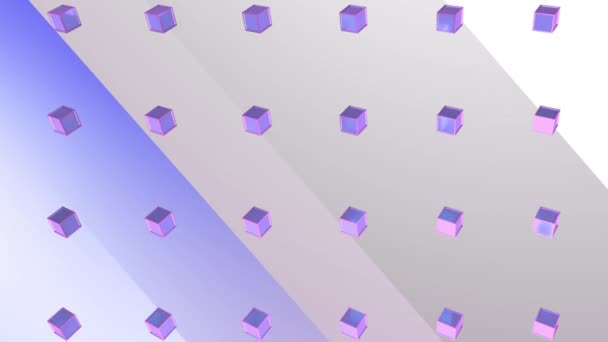 Animation de plusieurs rangées de cubes violets 3d tournant et tournant simultanément sur fond noir, gris et blanc. Éléments en mouvement en formation. Animation vidéo composite de conception numérique 3D .