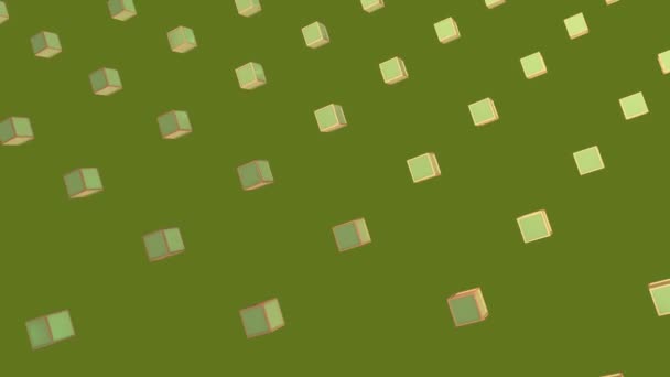 多行3D绿色和黄色金属立方体在绿色背景下同时旋转和旋转的动画 在编队中移动的元素 3D数字设计复合视频动画 — 图库视频影像