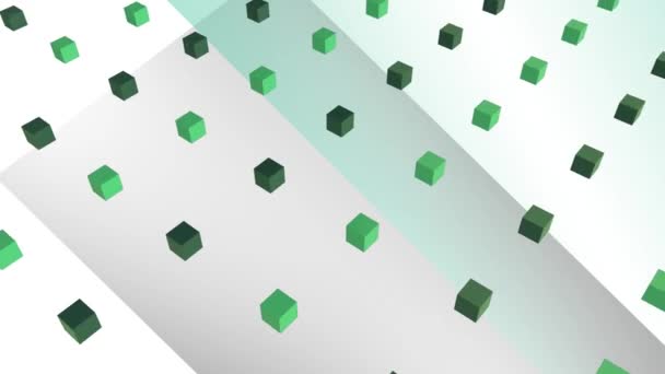Animation de plusieurs rangées de cubes verts 3d tournant et tournant simultanément sur fond gris rayé, blanc et vert. Éléments en mouvement en formation. Animation vidéo composite de conception numérique 3D .