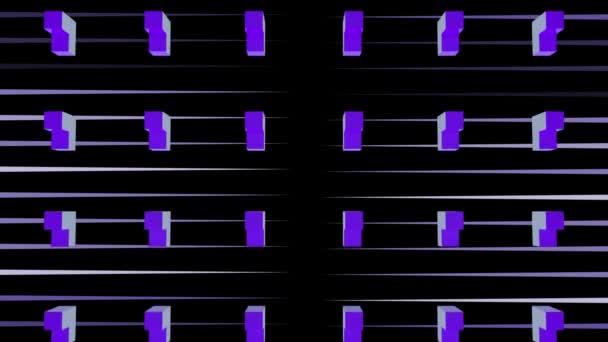 縞模様の灰色 黒の背景で同時に回転し 回転する3D紫とピンクの幾何学的要素の複数の行のアニメーション 形成中の要素 3Dデジタルデザイン複合ビデオアニメーション — ストック動画