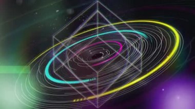 Arkaplanda odak dışı parlayan ışık noktalarıyla hareket eden geometrik şekillerin animasyonu. Dijital hareketin kusursuz döngüsü.