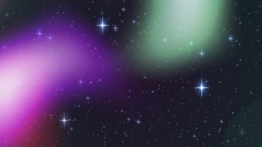 Odakta olmayan çok renkli spot ışıklarının hipnotik hareketlerle hareket etmesi ve arka planda yıldızların parlaması. Dijital hareketin kusursuz döngüsü.