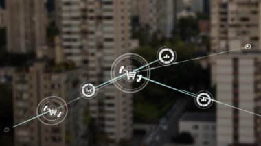 Arka planda modern ofis binalarıyla odak merkezinin dışına hareket eden bağlantı ve simge ağının canlandırılması. 