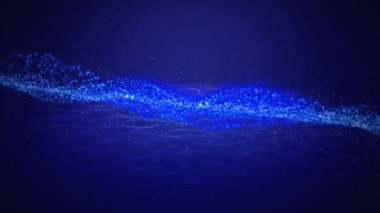 Mavi arka planda altta titreşen dalgalarla yavaşça yayılan çoklu mavi parçacıkların yanıp sönen ve ışıldayan halinin animasyonu. Sihirli parıldayan ışık kompozisyonu.