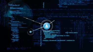 Dijital veri işleme üzerinde hareket eden ve siyah arkaplan üzerinde kayan bağlantı ve simge ağının canlandırılması. 