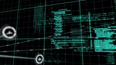 Dijital veri işleme üzerinde hareket eden ve parlayan yeşil ızgara ve siyah arkaplan üzerinde kayan bağlantı ve simge ağının animasyonu. 