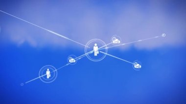 Arkadaki mavi gökyüzünden geçen bulutların üzerinde hareket eden bağlantılar ve simgeler ağının canlandırılması. 