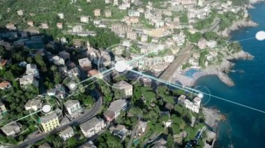 Arkaplanda bir şehir manzarasının hava görüntüsü üzerinde hareket eden bağlantı ağının canlandırması. 