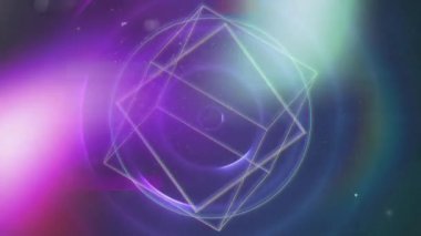 Arkaplanda titreşen ışık noktaları üzerinde gökkuşağı renkli daireler çizerek hareket eden geometrik şekillerin animasyonu. Dijital hareketin kusursuz döngüsü.